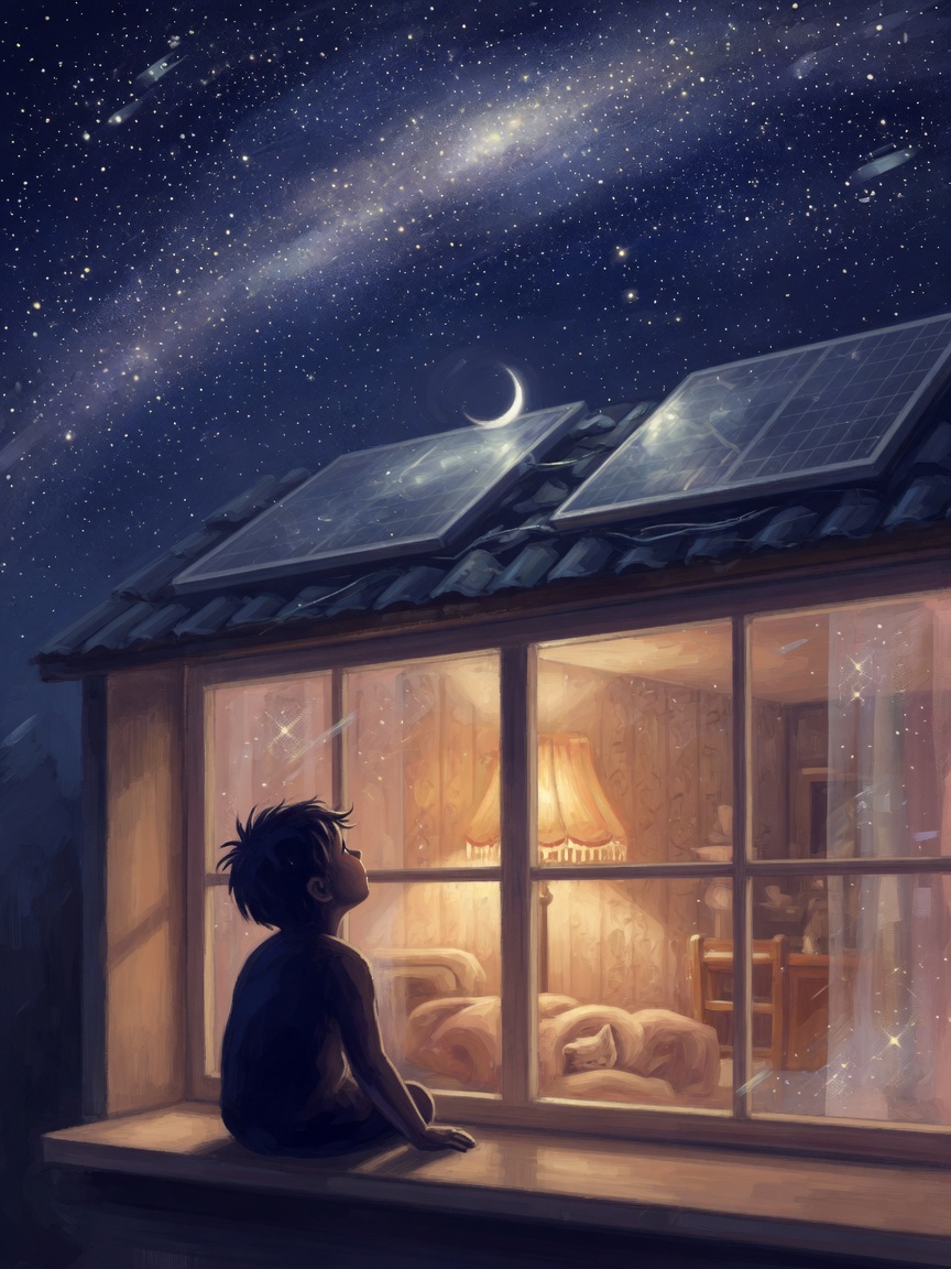 A boy at a window at night, looking up at the stars, solar panels on the roof below — watching over the house while the cosmos hums
