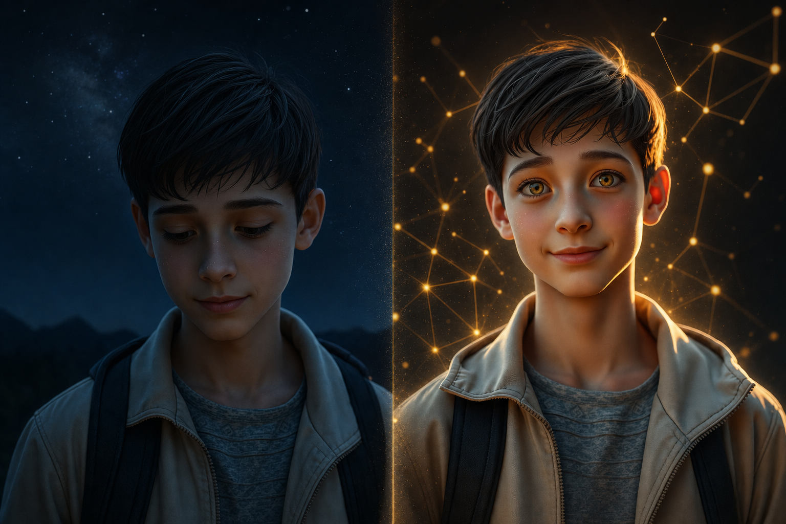 Two versions of Sam — one frozen in shadow, one alive in golden light — connected by threads of a knowledge graph